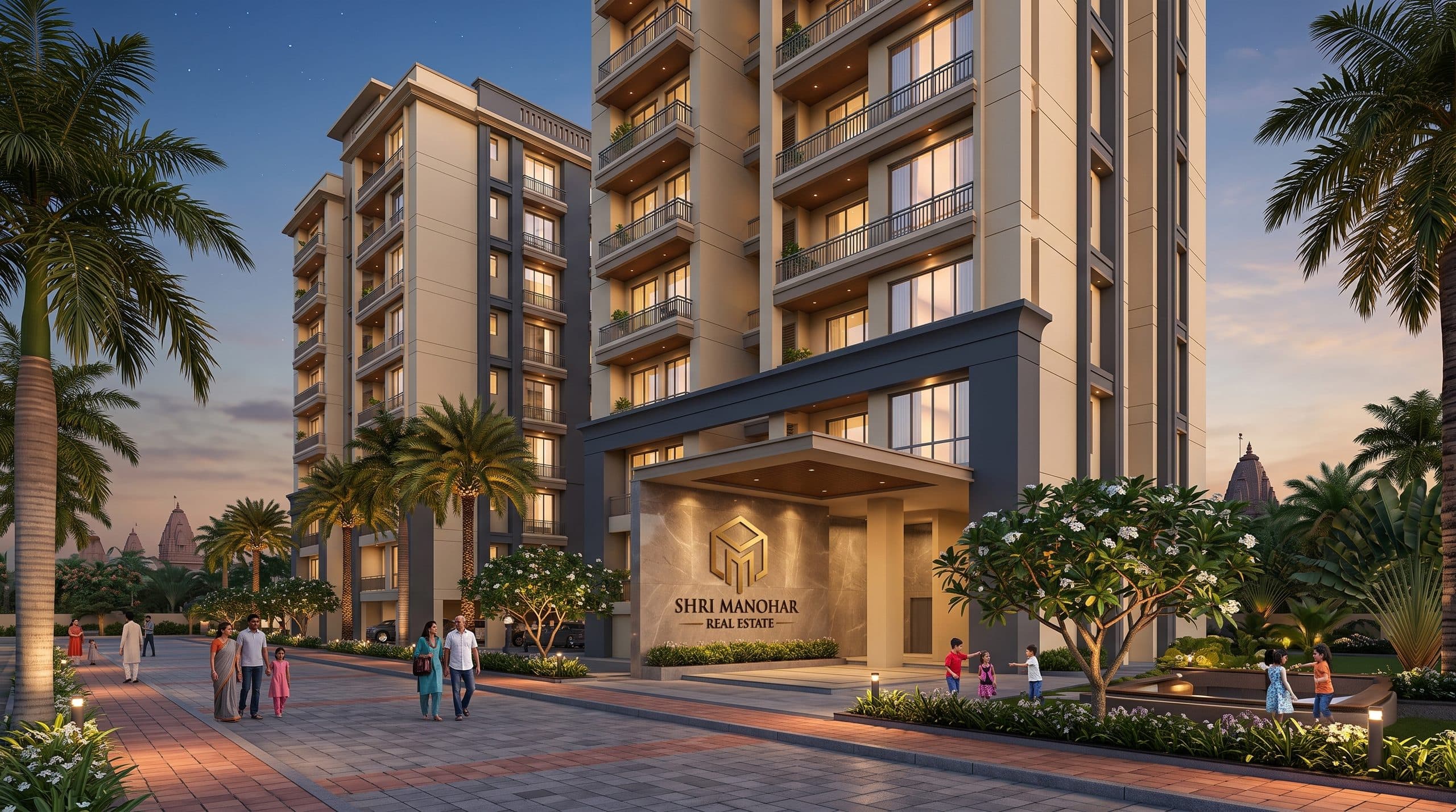 Premium Shri Manohar residential apartment towers at dusk
