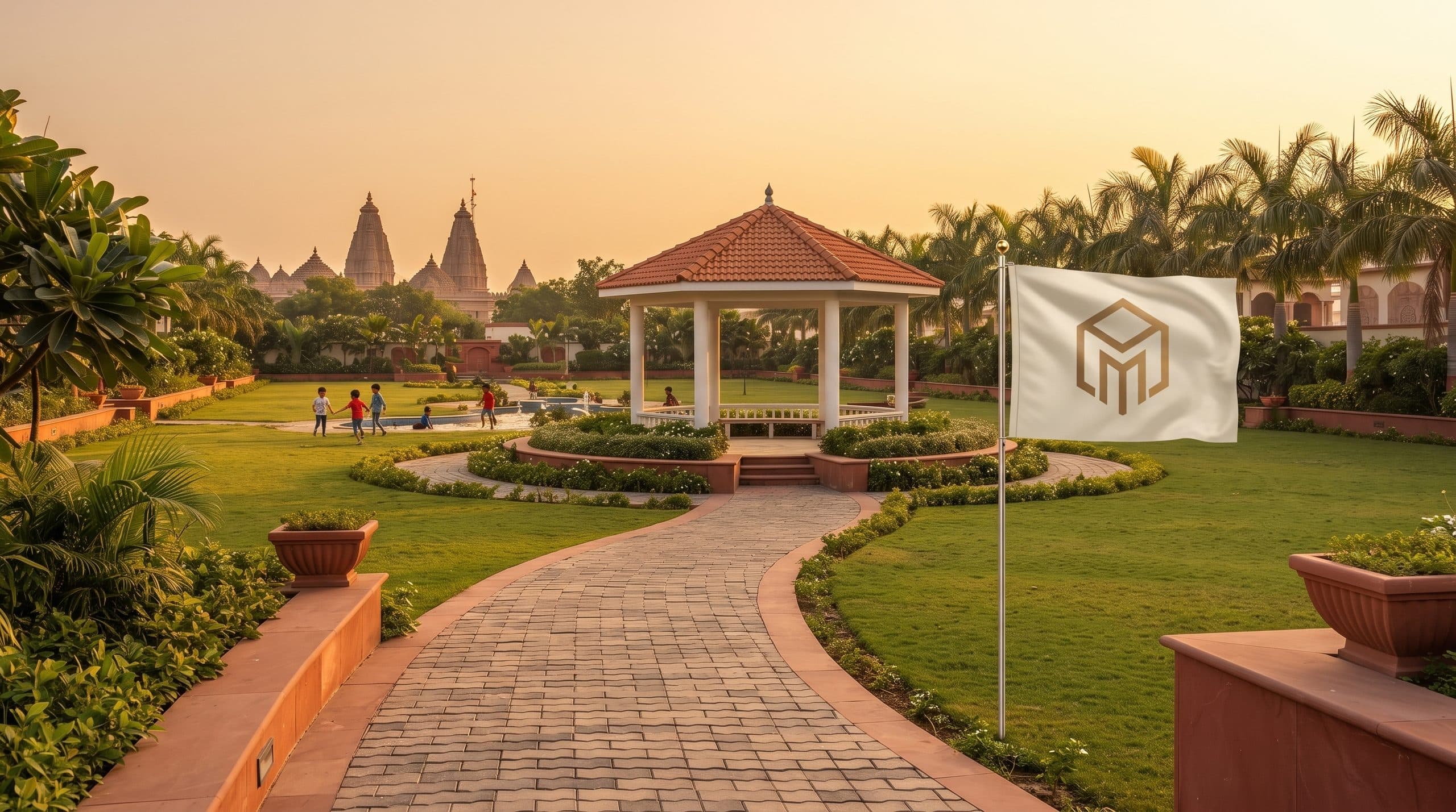 Landscaped central park with gazebo inside a Shri Manohar township