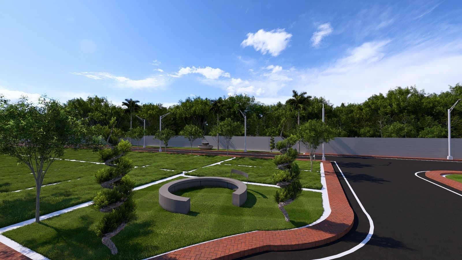 Circular seating garden amid manicured landscaping