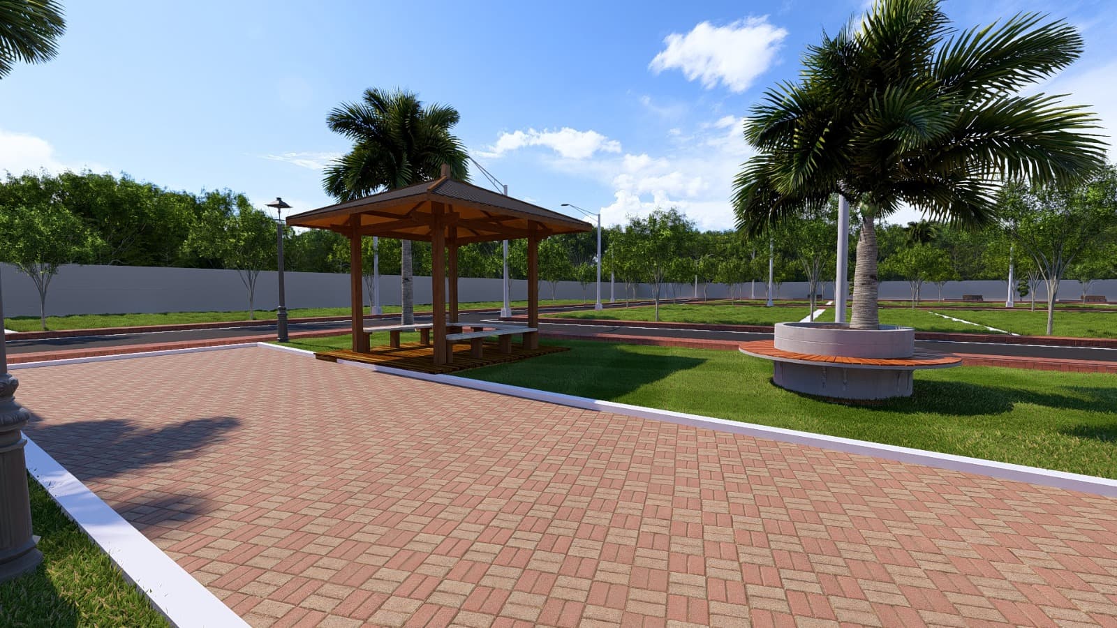 Gazebo rest area on paver pathway