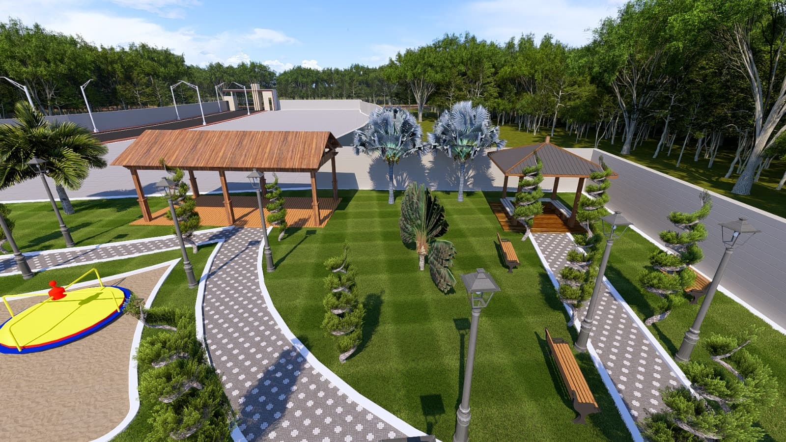 Central landscaped park with gazebos